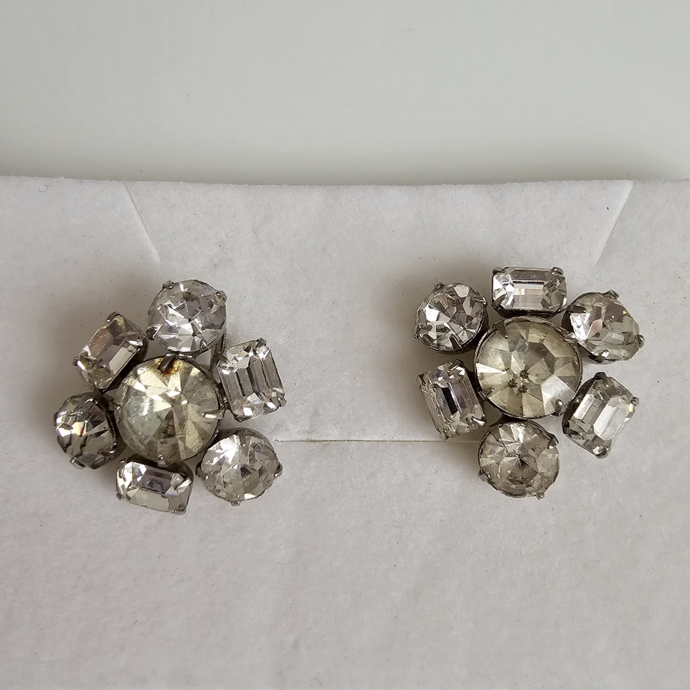 Emerald Cut Clear Rhinestone Flower Screwback Vintage Statement Earrings